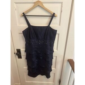 R&M Richards Navy Metallic Beaded Tier Empire Sleeveless Formal Dress Size 14